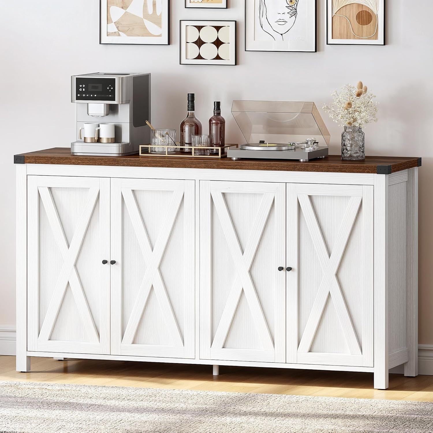 Farmhouse Sideboard Buffet Cabinet with Storage with 4 Doors, 55'' Large Kitchen Storage Cabinet, Coffee Bar Cabinet with Adjustable Shelf for Kitchen, Living Room, White