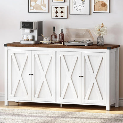 Farmhouse Sideboard Buffet Cabinet with Storage with 4 Doors, 55'' Large Kitchen Storage Cabinet, Coffee Bar Cabinet with Adjustable Shelf for Kitchen, Living Room, White