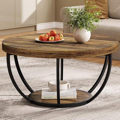 Round Coffee Table, 80Cm Wooden 2-Tier Circle Coffee Table Storage, Modern Low Coffee Table, Rustic Brown