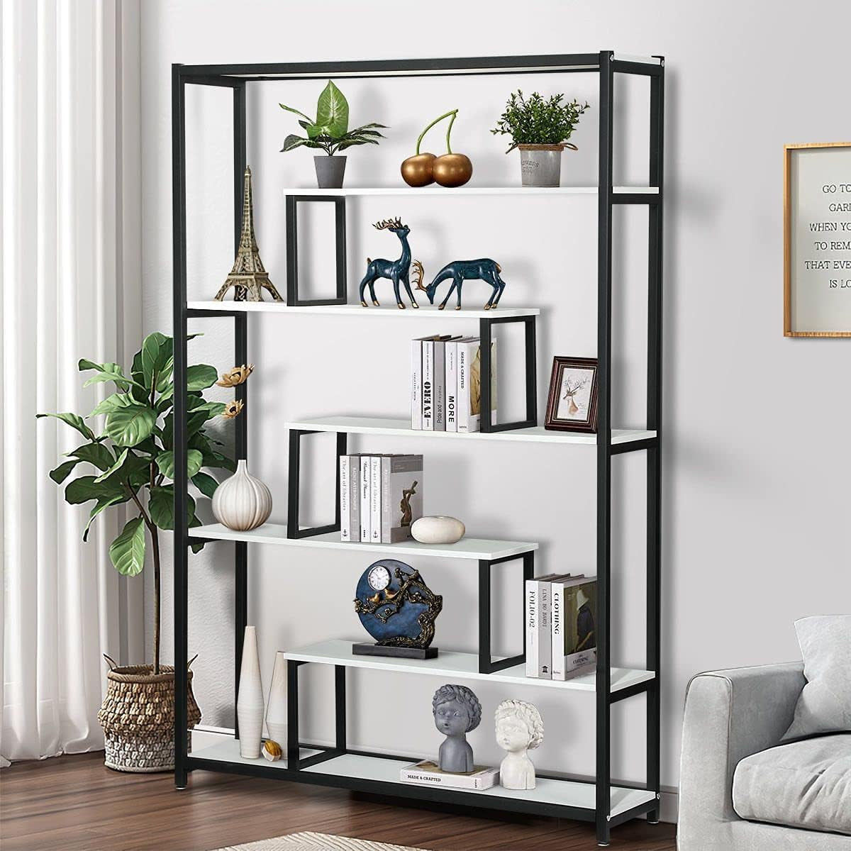 Six Tier Bookshelf Bookshelf Industrial Multi-Level Bookcase Storage Rack Display Shelf Unit for Home and Office White