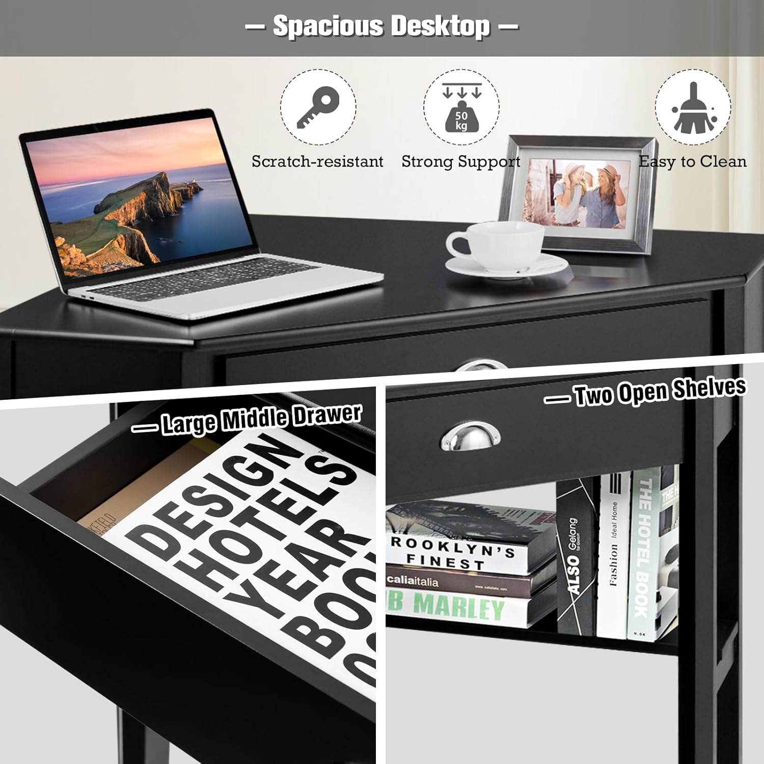 Giantex Wood Corner Computer Desk, Compact Writing Table W/Drawer & Shelves, Space Saving Workstation with Foot Pads, Laptop PC Corner Table Furniture for Home Office, Black