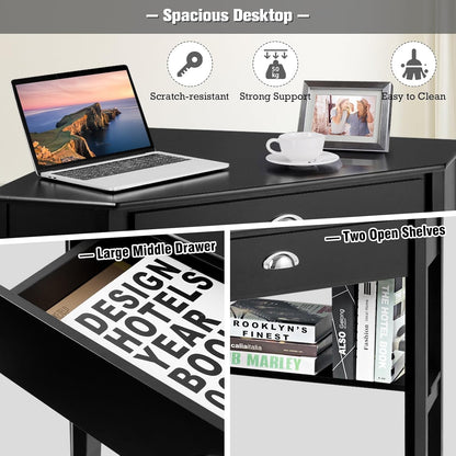 Giantex Wood Corner Computer Desk, Compact Writing Table W/Drawer & Shelves, Space Saving Workstation with Foot Pads, Laptop PC Corner Table Furniture for Home Office, Black