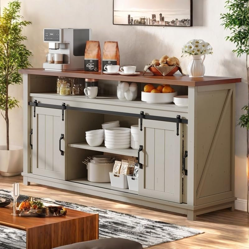 160cm Farmhouse Buffet Cabinet with Storage, Large Coffee Bar Cabinet with 2 Sliding Barn Doors & 2 Visual Grid Doors, Kitchen Sideboard Storage Cabinet for Living Room, White