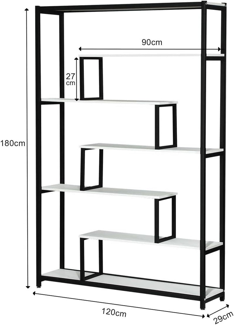 Six Tier Bookshelf Bookshelf Industrial Multi-Level Bookcase Storage Rack Display Shelf Unit for Home and Office White