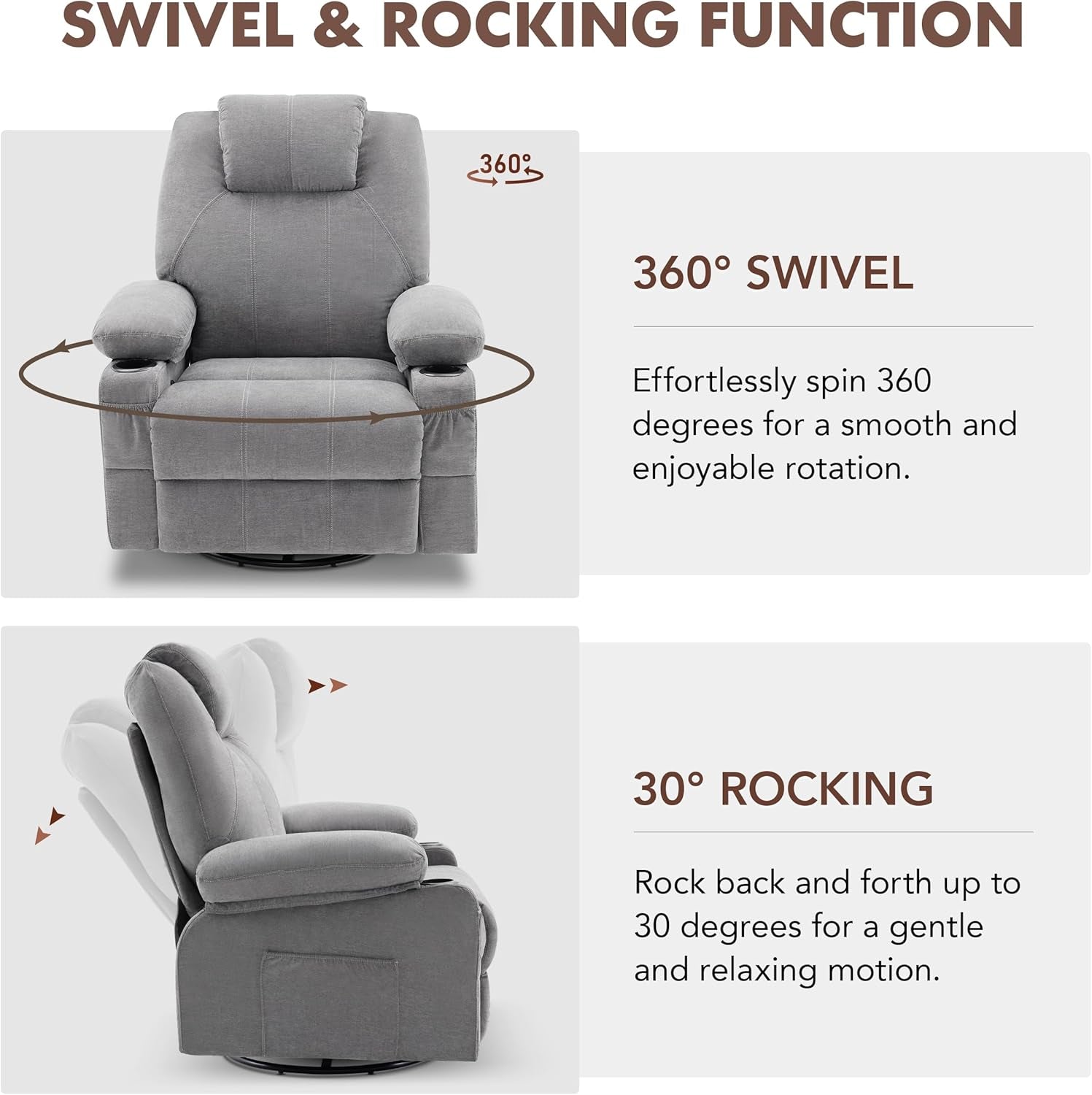 Weture Swivel Rocker Recliner Chair with Heat and Massage, 360 Degree Swivel Rocking Single Sofa with Cup Holders and USB Port, Big Large Oversized Recliner Chair for Living Room (Fabric, Grey)