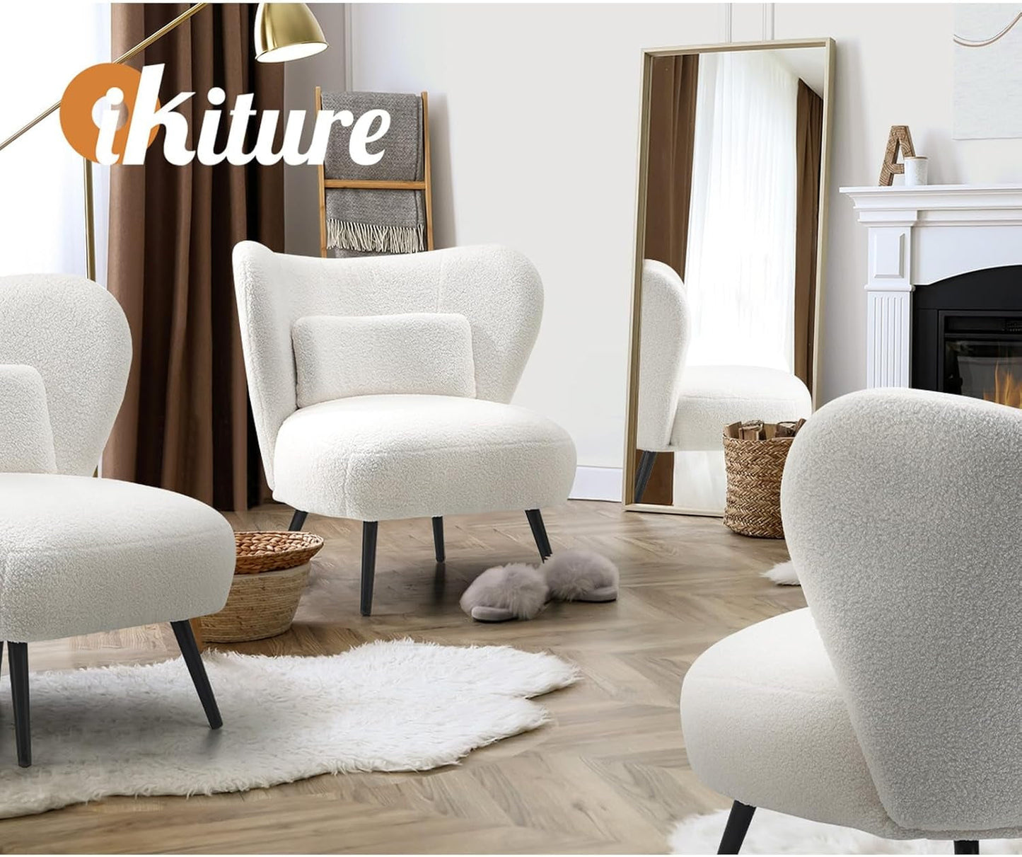 Oikiture Boucle Armchair with Lumbar Pillow and Wingback Velvet Lounge Sofa Accent Chair White