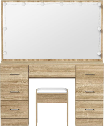Dressing Table with Extra Biggest Mirror 113Cm Makeup Mirror Vanity Desk with 7 Storage Drawers and Stool Wood