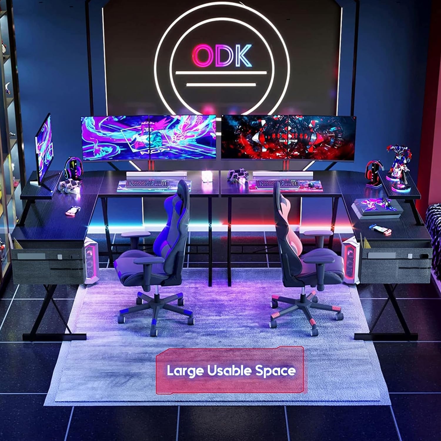 ODK L Shaped Corner Desk, Computer Desk with Monitor Stand, Gaming Desk with round Corner, Computer Workstation for Office Room, Bedroom, Study Room,127 X 127 Cm, Black