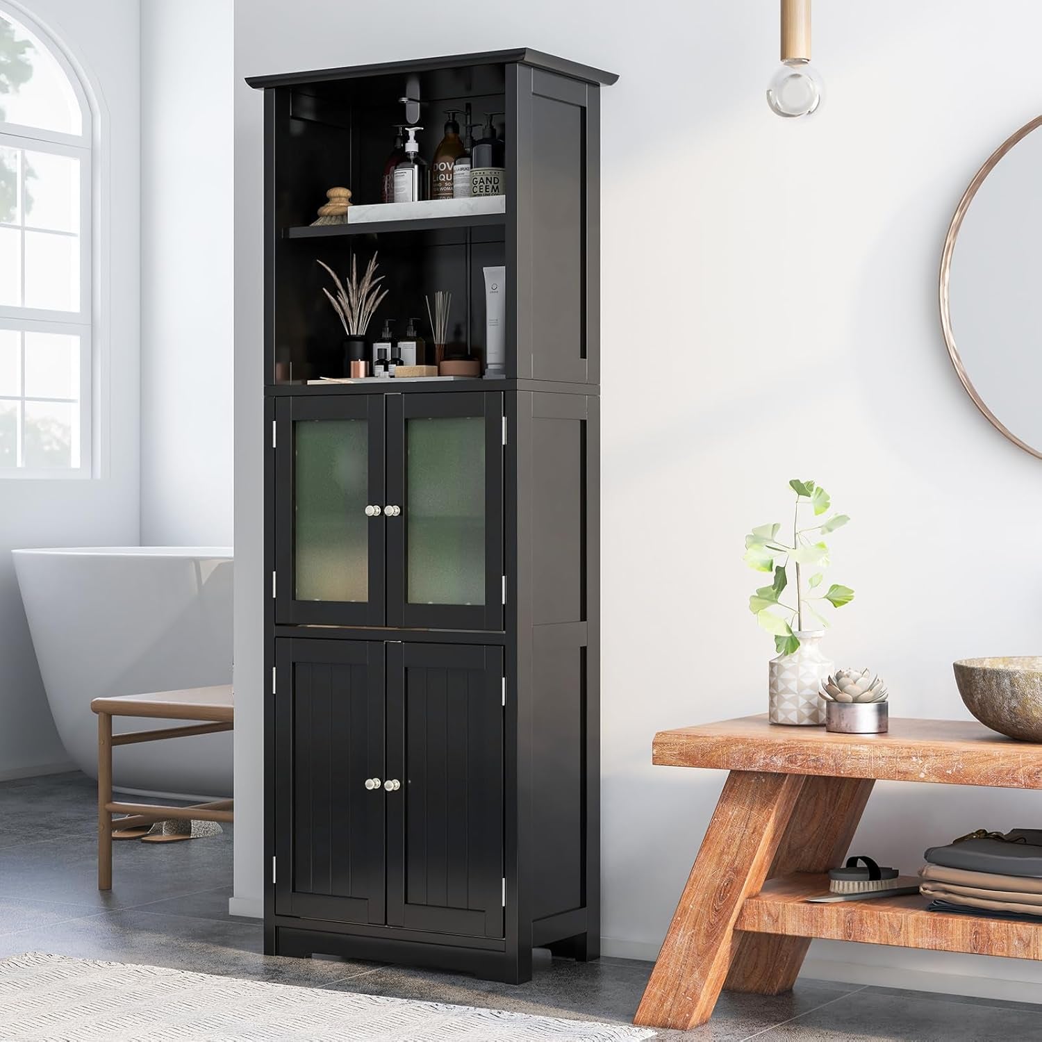 Giantex 163Cm Bathroom Storage Cabinet, Kitchen Pantry Cupboard with Glass Doors, Open Storage Shelves & 3-Level Adjustable Shelves, Tall Storage Buffet Sideboard for Living Room Kitchen, Black