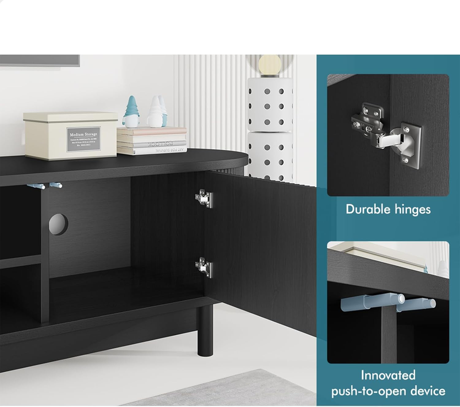 ALFORDSON TV Cabinet Stand Black, Handle-Free Modern Furniture Entertainment Unit Stand with 2 Ample Storage Side Cabinets and 2 Middle Shelves for Living Room,160 X 40 X 40Cm in Black