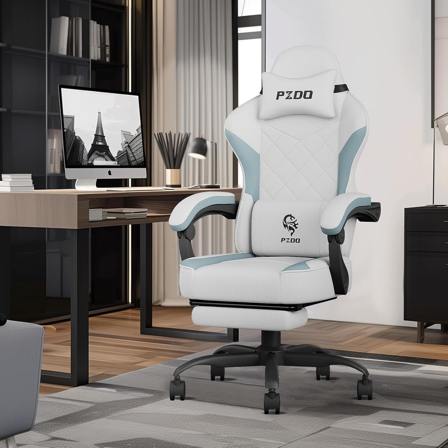 PZDO Ergonomic Office Chair with Footrest, Technology Fabric Ergonomic Chair for Adults, Computer Chair Gaming Desk Chair with Lumbar Support, Home Office Recliner Chair, Gift, Teens, (Gray)