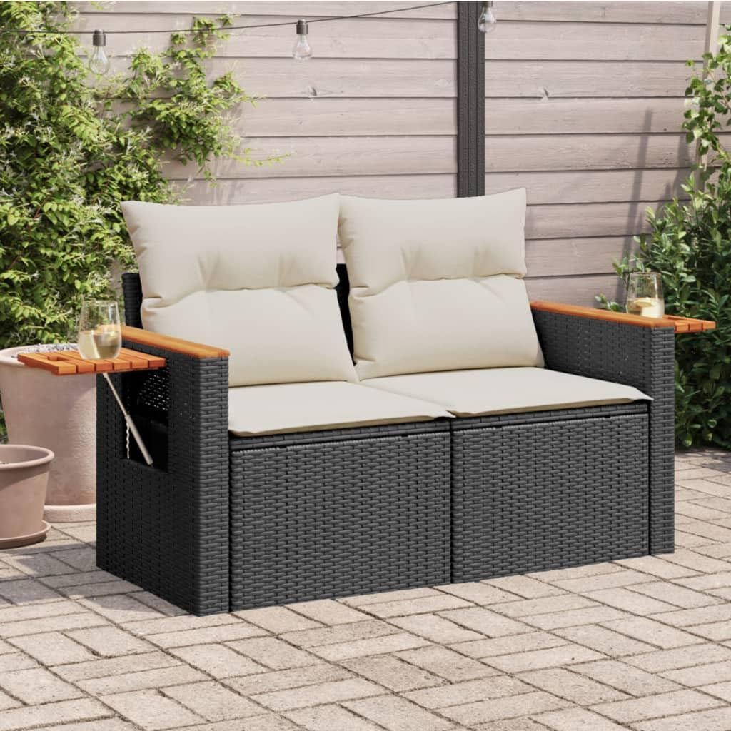 Garden Sofa/Couch W Cushions - 2-Seater Black PE Rattan, Steel & Acacia Wood - Outdoor Patio/Deck Furniture - 124X62X69 Cm with Storage & Side Table