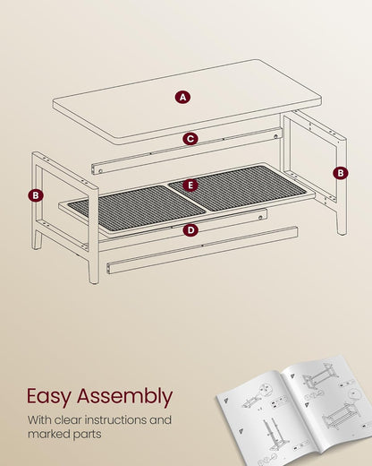 2-Tier Modern Coffee Table with PVC Rattan Storage Shelf, Rounded Corners, Easy Assembly, Boho Style, Oak Beige ULCT240Y57