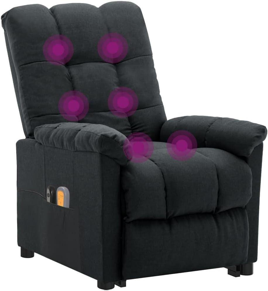 Vidaxl Power Lift Recliner Chair with Vibration Massage, Adjustable Backrest and Footrest, Dark Grey Fabric, Solid Wood and Metal Frame