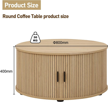  Round Coffee Table with Storage, Mid Century Modern Coffee Table with Sliding Cabinet Door, Wood Coffee Table for Living Room  Oak