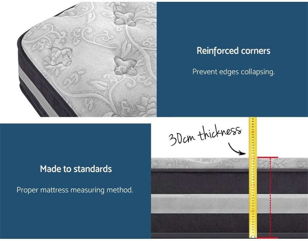 Giselle Bedding Queen Mattress Bed Mattresses Innerspring Foam 30Cm Thickness, with 7-Zone Pocket Spring System and Breathable Euro Top, 5Yrs Warranty, Medium Firm, White + Greywith Vacuum Packed