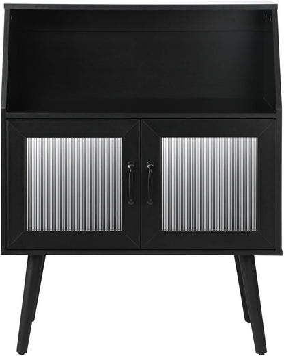 Sideboard Buffet Cabinet with Open Shelf, Glass Doors and 2 Tier Storage Cabinet Coffee Bar Table