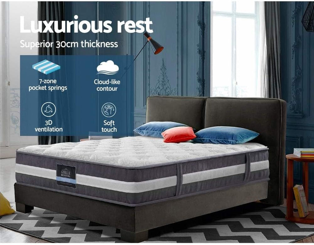 Giselle Bedding Queen Mattress Bed Mattresses Innerspring Foam 30Cm Thickness, with 7-Zone Pocket Spring System and Breathable Euro Top, 5Yrs Warranty, Medium Firm, White + Greywith Vacuum Packed