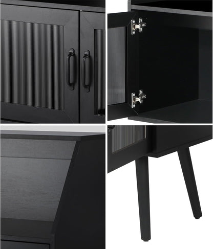 Sideboard Buffet Cabinet with Open Shelf, Glass Doors and 2 Tier Storage Cabinet Coffee Bar Table