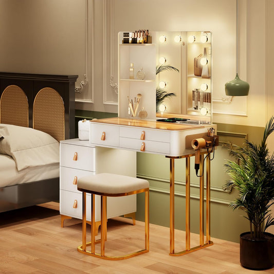 Vanity Table with Mirror and Lights with Drawers & 2 Shelves with 10 Light Bulbs/Charging Station, White