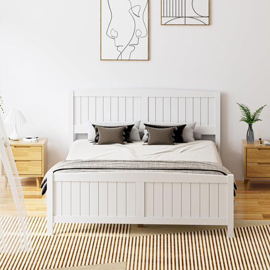 OIKITURE Queen Size Wooden Bed Frame Hampton-Style, Pinewood Bed Frame Platform with Bed Head and High Bed Leg - Compatible with Australian-Sized Mattresses, 211X161X94Cm ﻿
