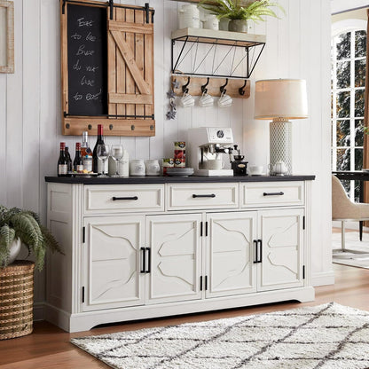 Farmhouse Buffet Sideboard Cabinet, 66" Buffet Table Coffee Bar Wine Bar Cabinet with Drawers and Doors, Kitchen Sideboard Storage Cabinet for Dining Room