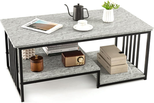 Faux Marble Coffee Table, Rectangular 2-Tier Center Table with Open Storage Shelf, Modern Long Cocktail Table Snack Table with Metal Frame for Living Room, Home, Office, Gray