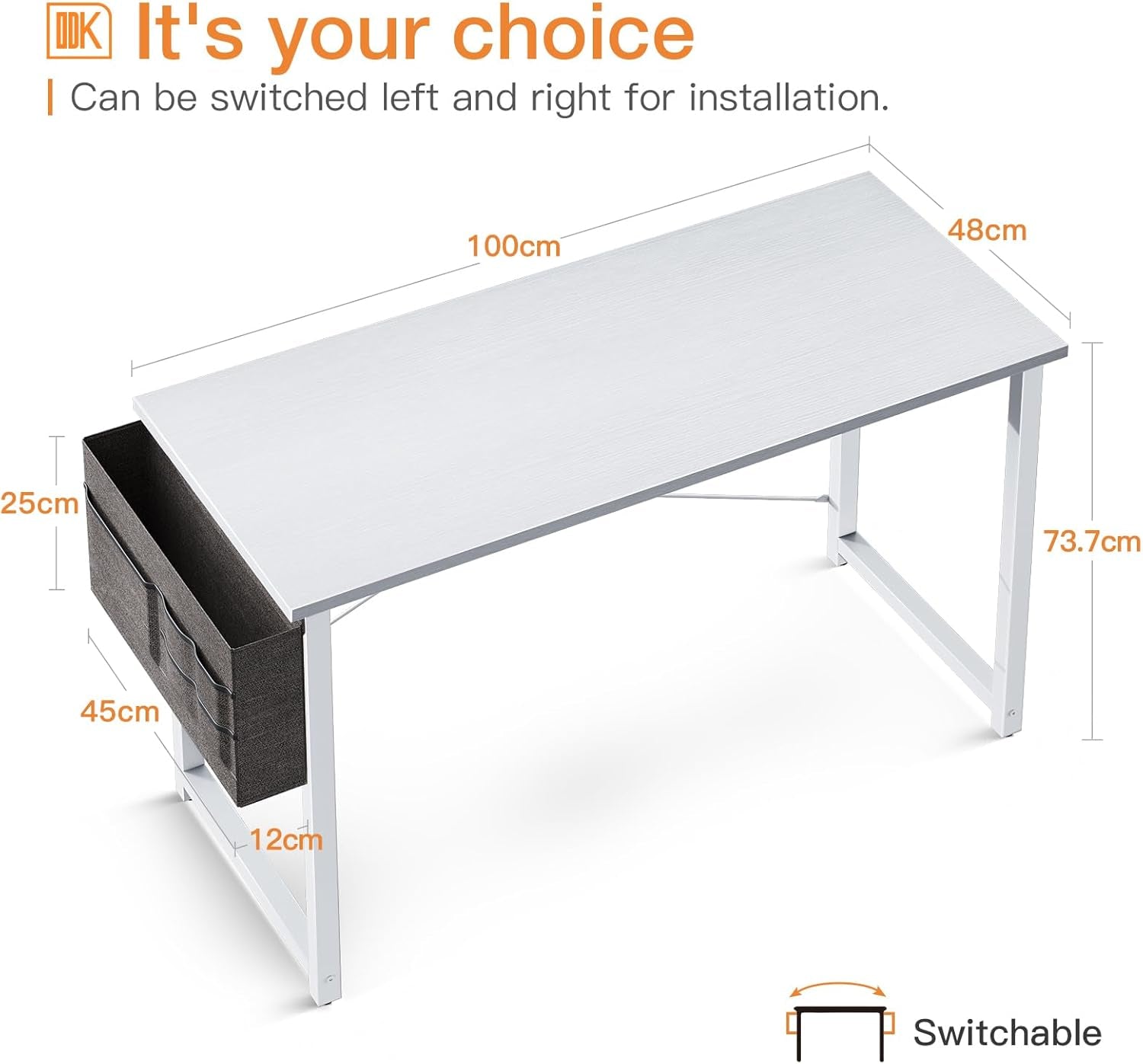 ODK Computer Desk Home Office Desk, Modern Writing Table, Simple Style PC Table with Storage Bag and Headphone Hook,100 * 48Cm White