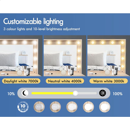 Dressing Makeup Table & Stool Set, Vanity Desk with Mirror 12 LED Light Bulbs in Adjustable 3-Colour, Jewellery Dresser Organiser with Drawers for Bedroom Dressing Room, Wood White