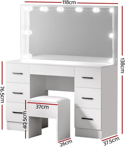 Vanity Table, 10 Bulbs LED Mirror Makeup Stool Set, 7 Drawers Shelves Wide Tabletop White