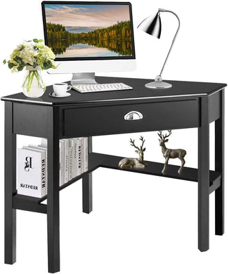 Giantex Wood Corner Computer Desk, Compact Writing Table W/Drawer & Shelves, Space Saving Workstation with Foot Pads, Laptop PC Corner Table Furniture for Home Office, Black