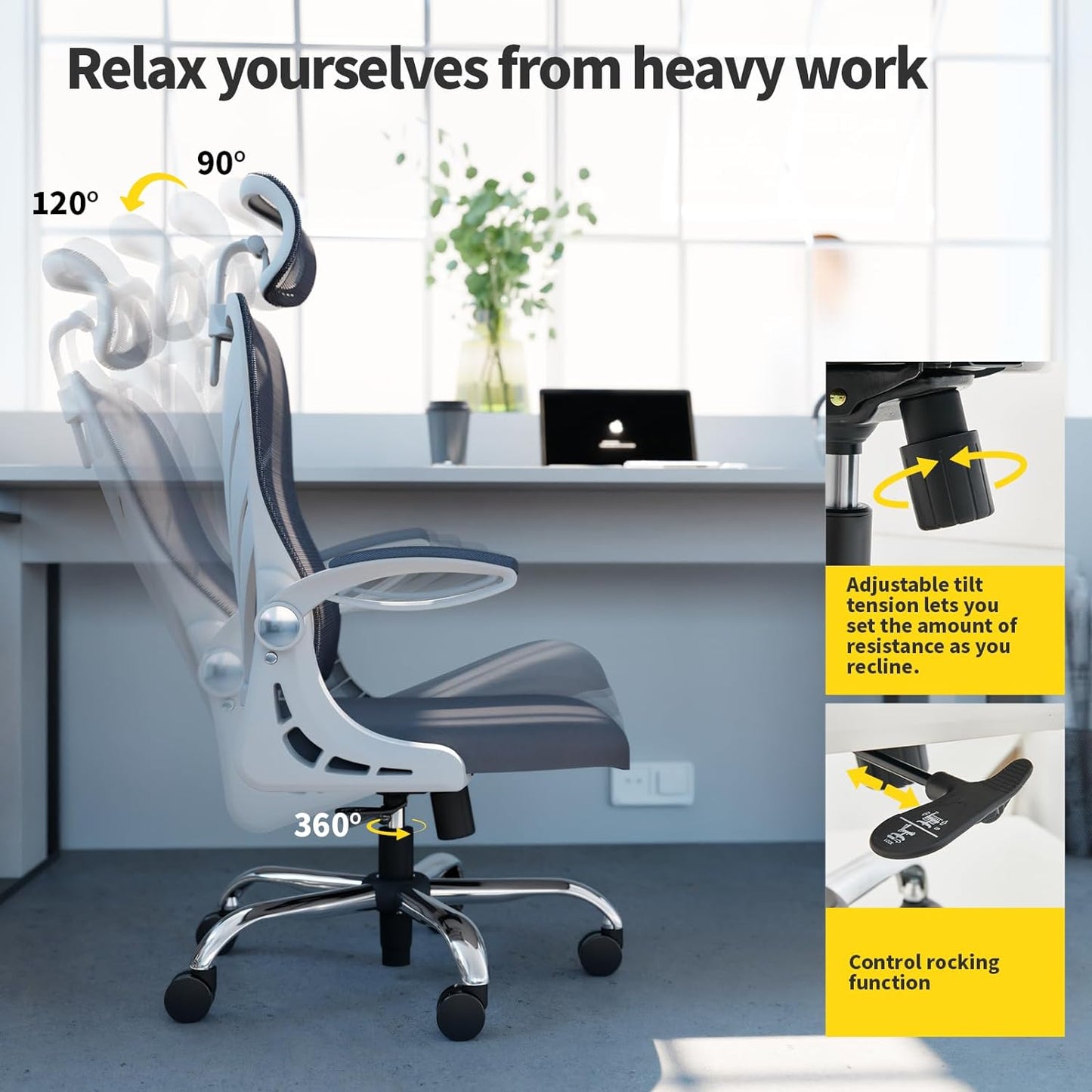 HOLLUDLE Ergonomic Office Chair with Foldable Backrest, Computer Desk Chair with Flip-Up Armrests, Mesh Lumbar Support and 2D Headrest Big and Tall Office Chair, White