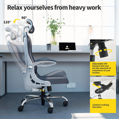 HOLLUDLE Ergonomic Office Chair with Foldable Backrest, Computer Desk Chair with Flip-Up Armrests, Mesh Lumbar Support and 2D Headrest Big and Tall Office Chair, White