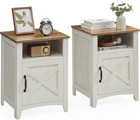 Farmhouse Nightstand with Barn Door, Set of 2, Bedside Table with Storage Rustic White and Honey Brown ULET809K41