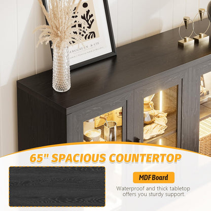 Wine Bar Cabinet with LED Light, 65" Sideboard Buffet Cabinet with Storage, Modern Home Coffee Bar Cabinet with Smart Human Sensor for Kitchen Dining Room Living Room, Black