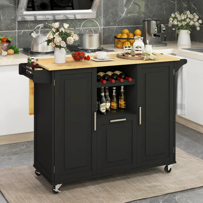 Rolling Kitchen Island Cart, Large Kitchen Island W/Drop-Leaf Countertop & 4 Rotatable Casters, Kitchen Trolley Cart with Deep Drawer, Open Wine Bottle Rack & Towel Bar (Black)