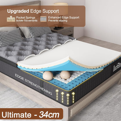 Duchess 34Cm Queen Hybrid Mattress - Mattress Comfortable Memory Foam and Pocket Springs with Pressure Relief Breathable Design Reinforced Edge Support