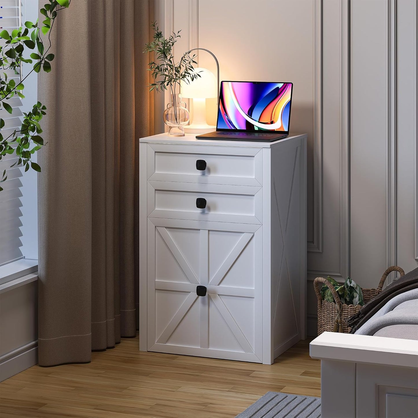 Farmhouse Vanity Desk with Mirror&Lights, 3 in 1 Small Makeup Vanity Set with Stool, Space-Saving Makeup Vanity with Storage Compartment, Dressing Table for Bedroom/Cloakroom, White