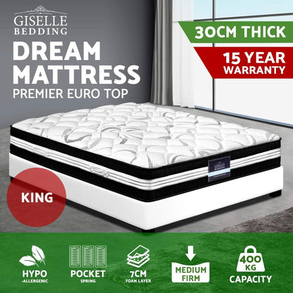 Giselle Bedding Single Mattress Bed Foam Mattresses 30Cm Thickness, with 5-Zone Pocket Spring System and Breathable Euro Top, 5Yrs Warranty, Medium Firm, White with Vacuum Packed