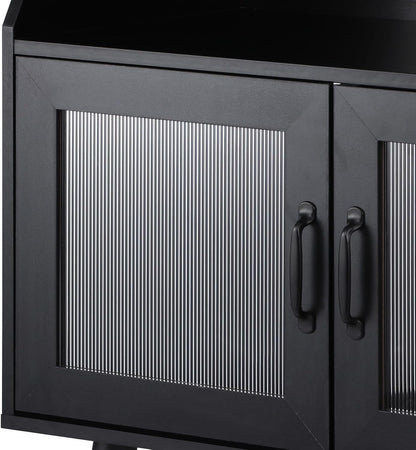 Sideboard Buffet Cabinet with Open Shelf, Glass Doors and 2 Tier Storage Cabinet Coffee Bar Table