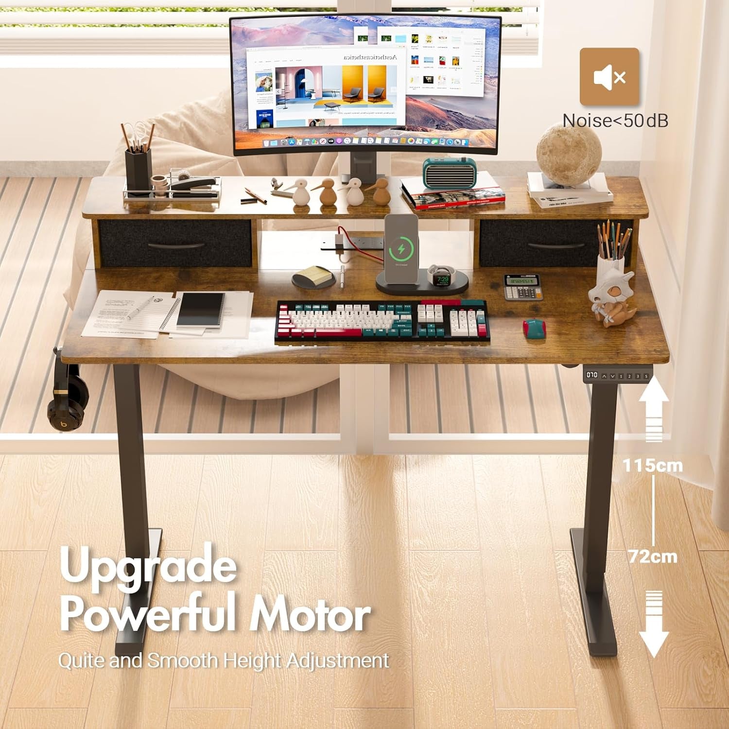 ADVWIN Electric Standing Desk with 2 Drawers, Adjustable Height Sit Stand up Desk with Storage Shelf, 120Cm Splice Board Walnut