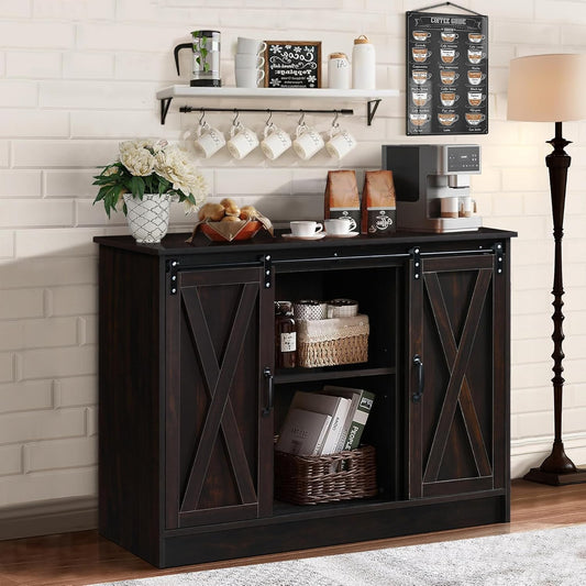 Coffee Bar Cabinet with Sliding Barn Doors, 42” Sideboard Buffet Cabinet with Storage, Farmhouse Coffee Bar Station Table Liquor Wine Bar Cabinet with Shelves for Kitchen, Espresso