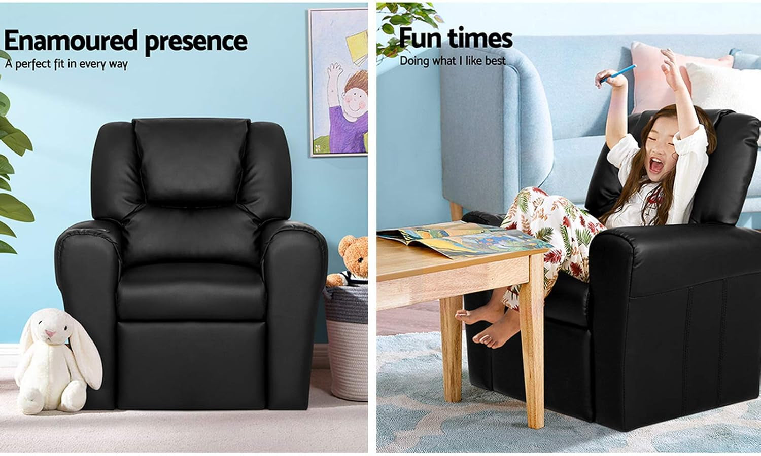 Keezi Kids Recliner Chair, PU Leather Sofa Couch Armchair Loungefly Outdoor Chairs Home Bedroom Living Room Playroom Children Furniture, with 9Cm Thick Foam Padding Precise Recline Adjustment Grey