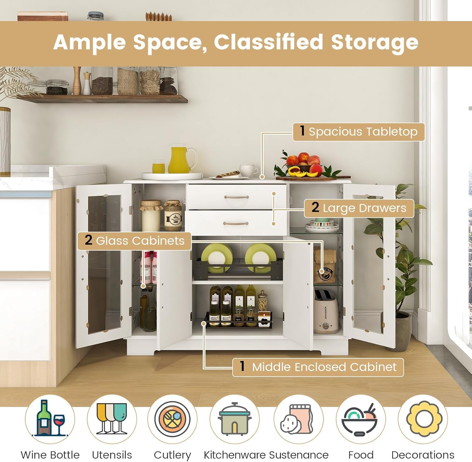 Buffet Sideboard W/Glass Door, Kitchen Storage Organizer W/ 2 Drawers & 3 Cabinets, Multifunctional Display Cabinet Console Table W/ 5 Adjustable Shelves for Kitchen Living Room White