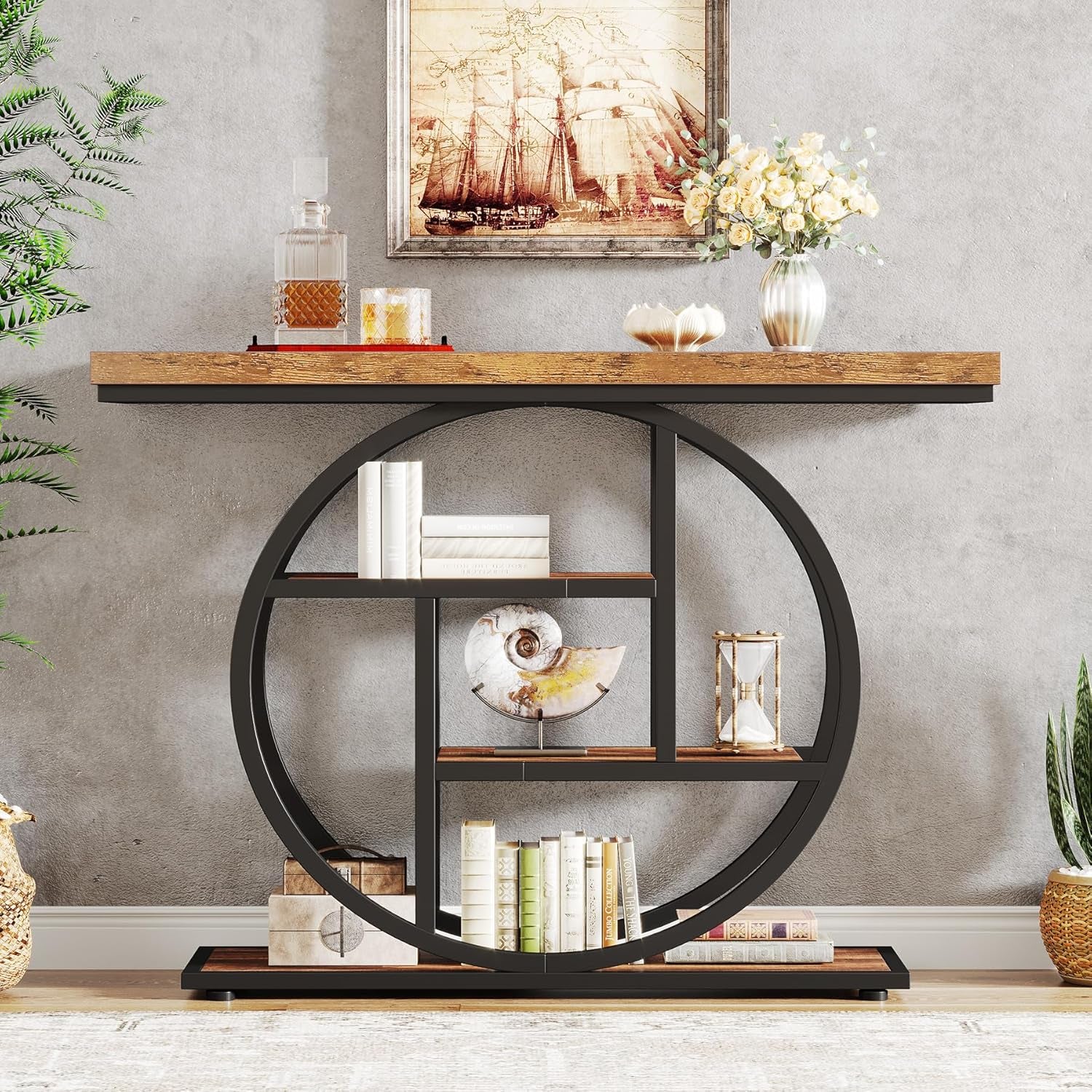 Rustic Console Table Hallway,105Cm Console Table, 4-Tier Entryway Console Table, Narrow Hall Table with Storage Shelves for Living Room, Foyer, Rustic Brown