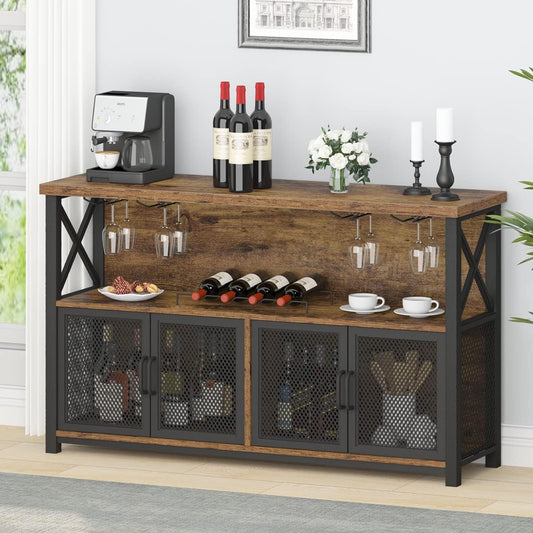 Industrial Coffee Bar Cabinet, Farmhouse Wine Bar Cabinet for Liquor and Glasses, Metal Wood Sideboard Buffet Liquor Cabinet and Wine Rack with Storage for Home Dining Kitchen, Rustic Brown, 47 In
