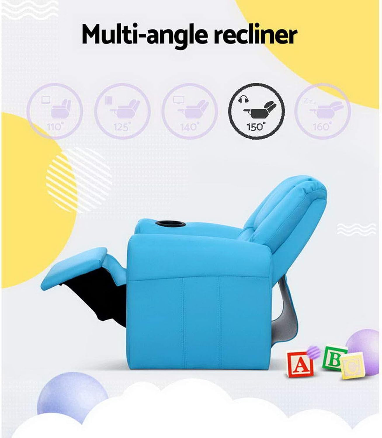 Keezi Kids Recliner Chair, PU Leather Sofa Couch Armchair Loungefly Outdoor Lounge Chairs Home Bedroom Living Room Playroom Children Furniture, Thick Foam Padding Adjustable Precise Recline Blue