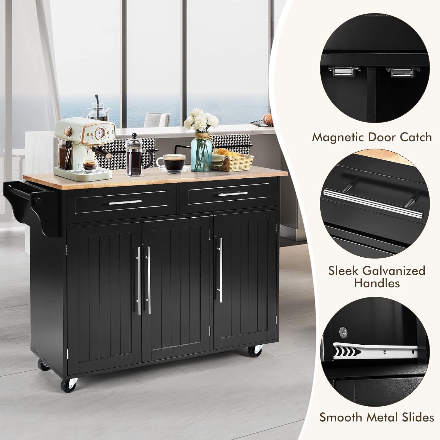 Mobile Kitchen Island Cart, Rolling Storage Trolley with Towel Bar, 2 Deep Drawers, 3 Door Cabinets, Swivel Casters, Rubber Wood Top, for Kitchen Dining Room (Black)