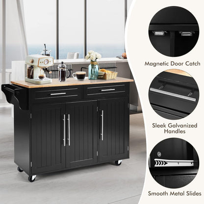 Mobile Kitchen Island Cart, Rolling Storage Trolley with Towel Bar, 2 Deep Drawers, 3 Door Cabinets, Swivel Casters, Rubber Wood Top, for Kitchen Dining Room (Black)