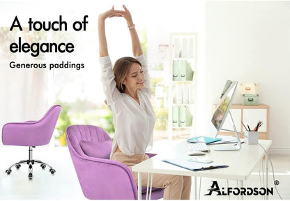 ALFORDSON Velvet Office Chair Swivel Fabric Armchair Computer Desk Chair Modern Home Office Chair Height Adjustable Mid-Back Task Chair for Kids Adult Study Work, Living Room, Bedroom (Orla Purple)